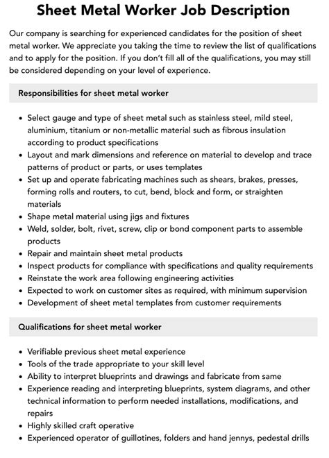 sheet metal job openings|sheet metal worker responsibilities.